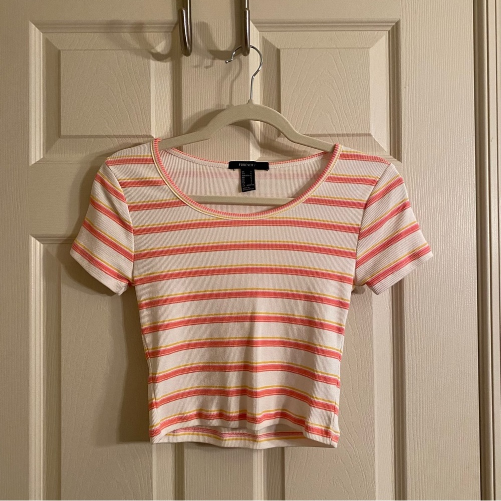 Forever 21 Striped Crop Top Ribbed Fitted Tee Casual Summer Top
